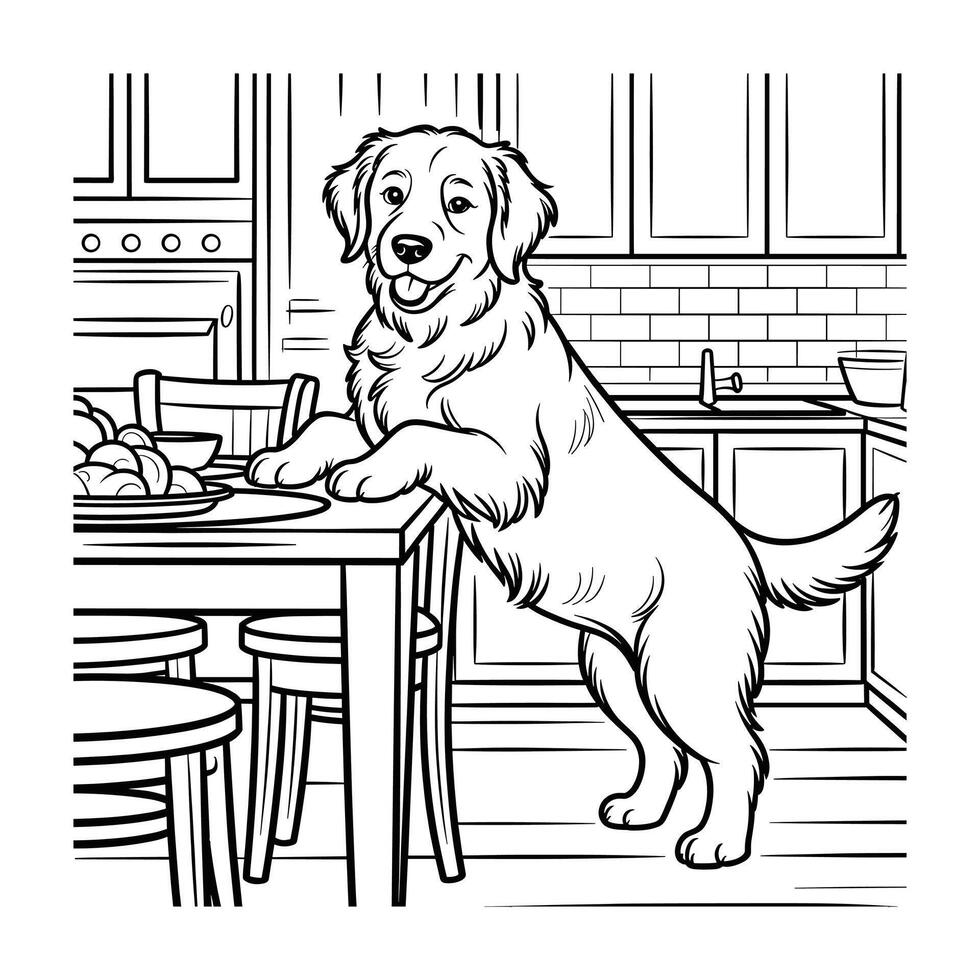 Adorable Golden Retriever Puppy in Kitchen Setting Coloring Page vector