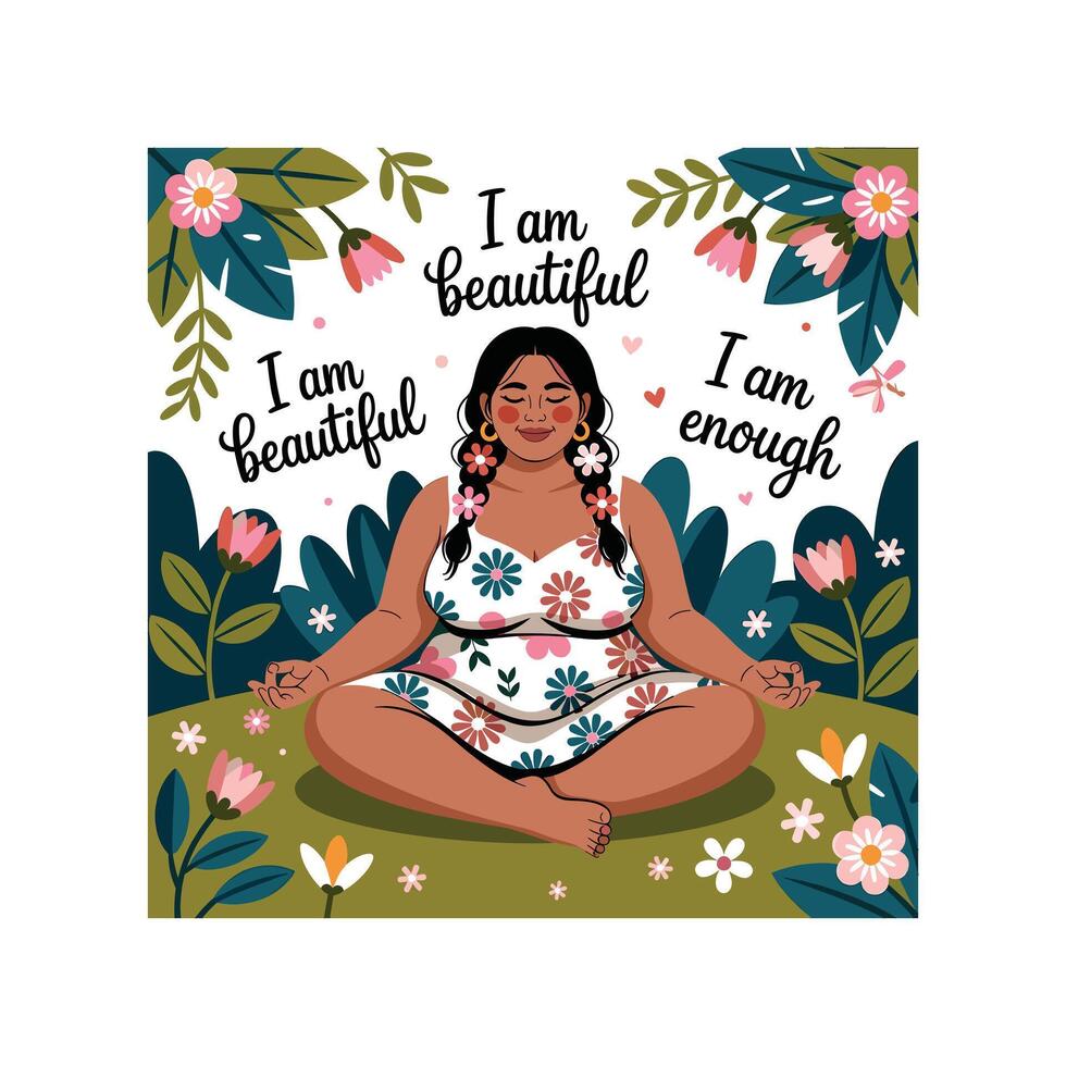 Body Positivity Affirmation Woman Meditating in Floral Garden vector