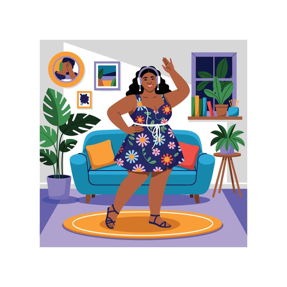 Joyful Plus Size Woman Dancing in Living Room Happy Music Illustration vector