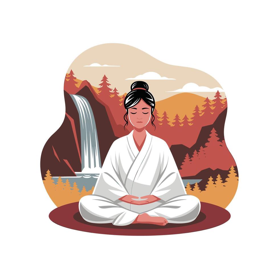 Woman Meditating in Serene Nature Waterfall Scene Calming Yoga Illustration vector