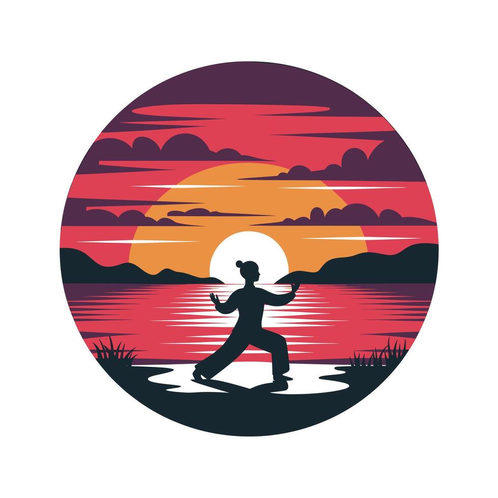 Silhouette of Woman Practicing Tai Chi at Sunset Peaceful Yoga Pose by Lake vector