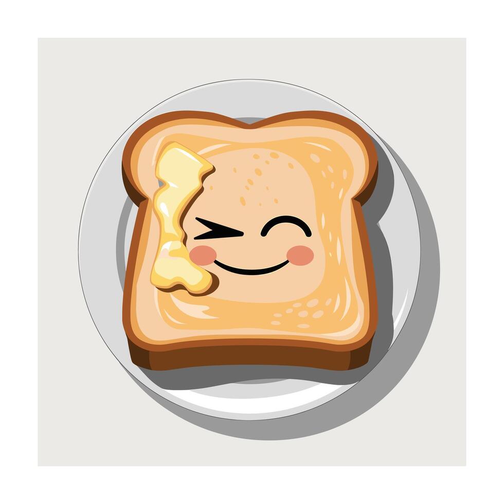Cute Cartoon Toast with Butter on Plate Breakfast Food Illustration vector
