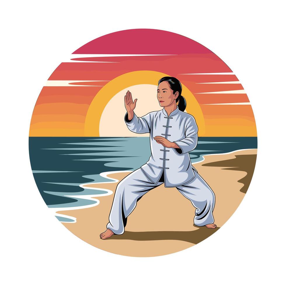 Woman Practicing Tai Chi Chuan at Sunset Beach Peaceful Martial Arts Image vector