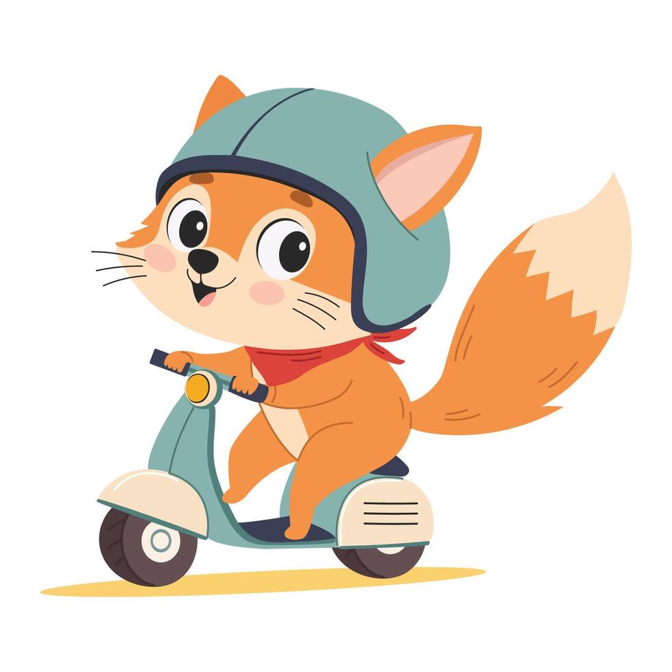 Cute little fox in helmet riding a scooter. Happy character on a scooter. children's illustration on white background. vector