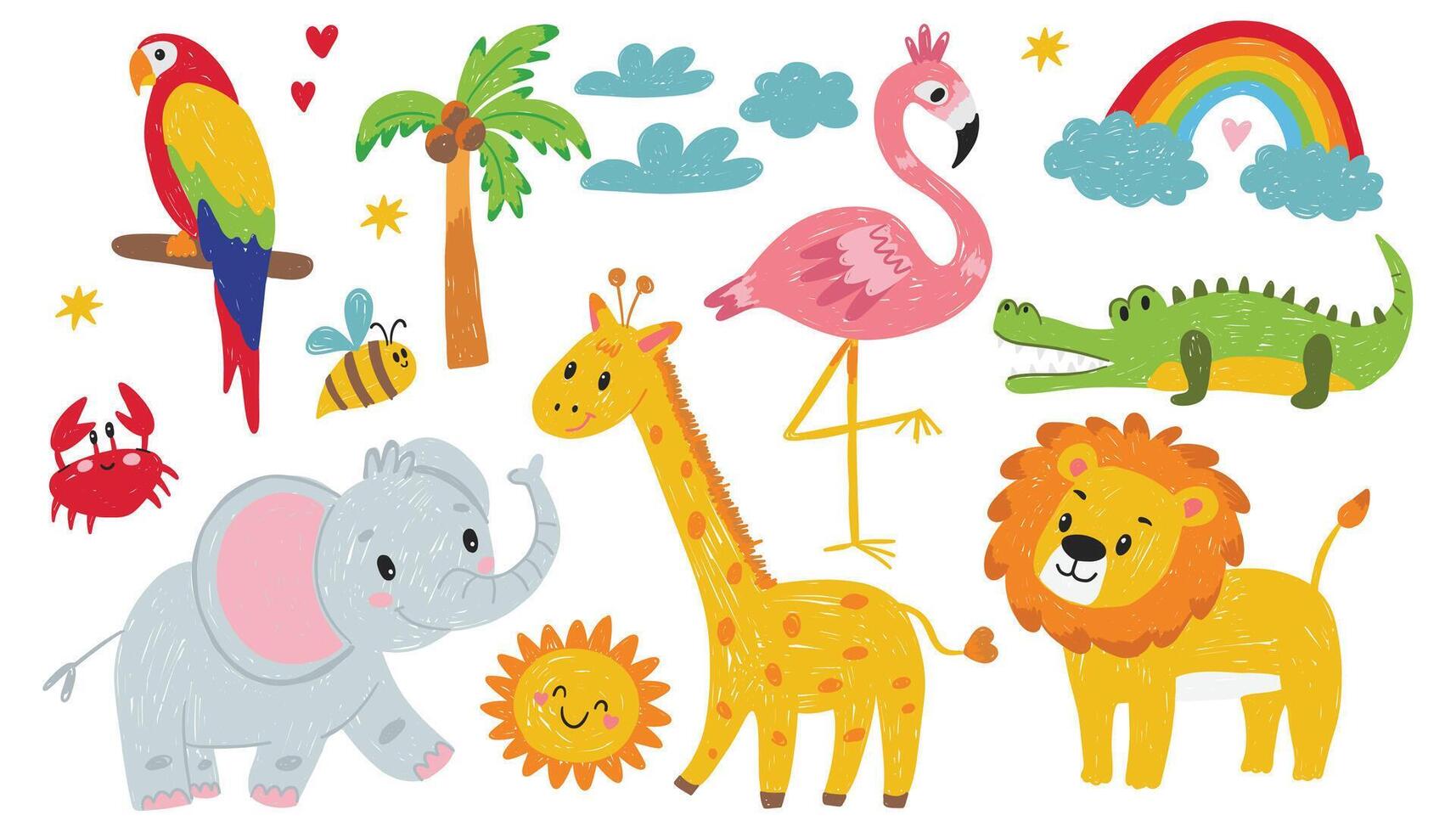 Animals in a child style, doodles. Lion, elephant, flamingo, giraffe, parrot, crocodile, crab. Kids' drawings vector
