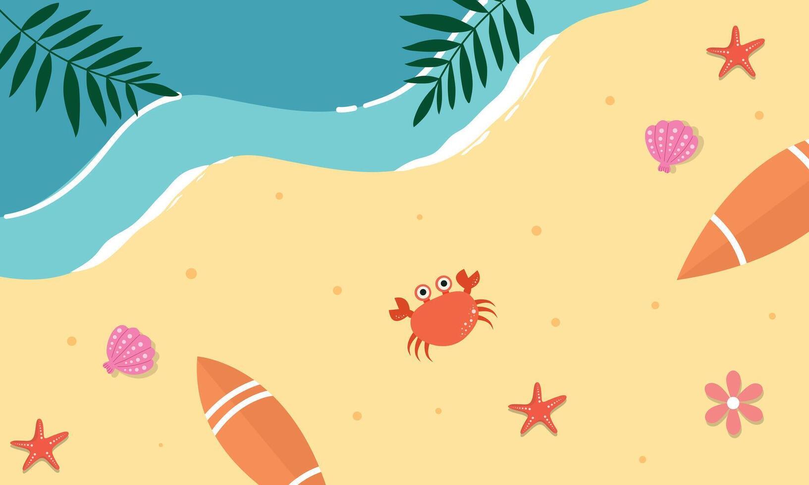 A cartoon crab and other items on the beach vector