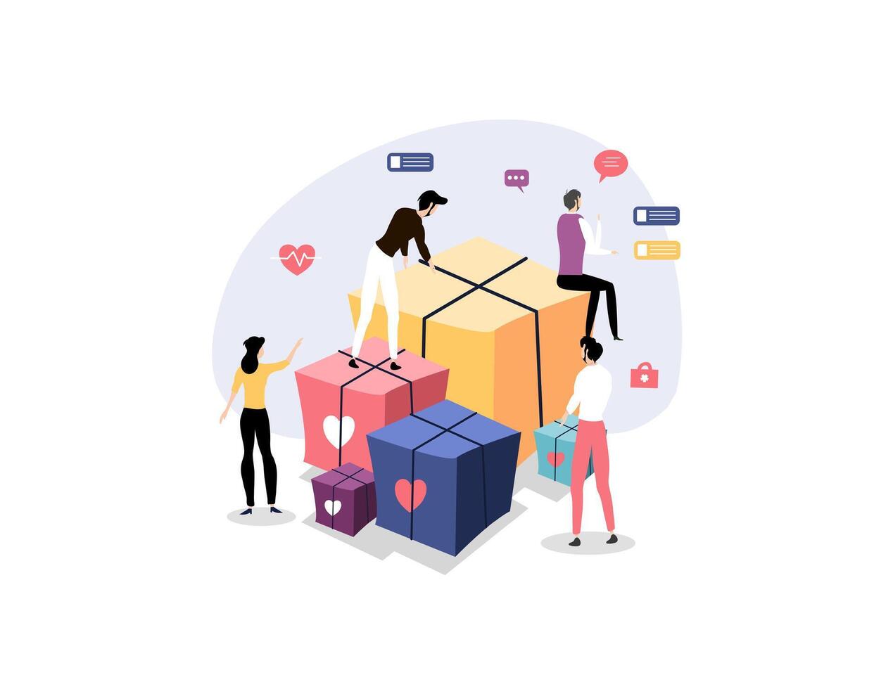Team Organizing Colorful Donation Boxes for Charity Event vector