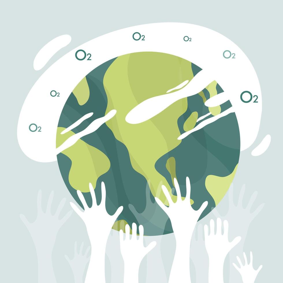 Hands reaching up to the earth with a green cloud vector