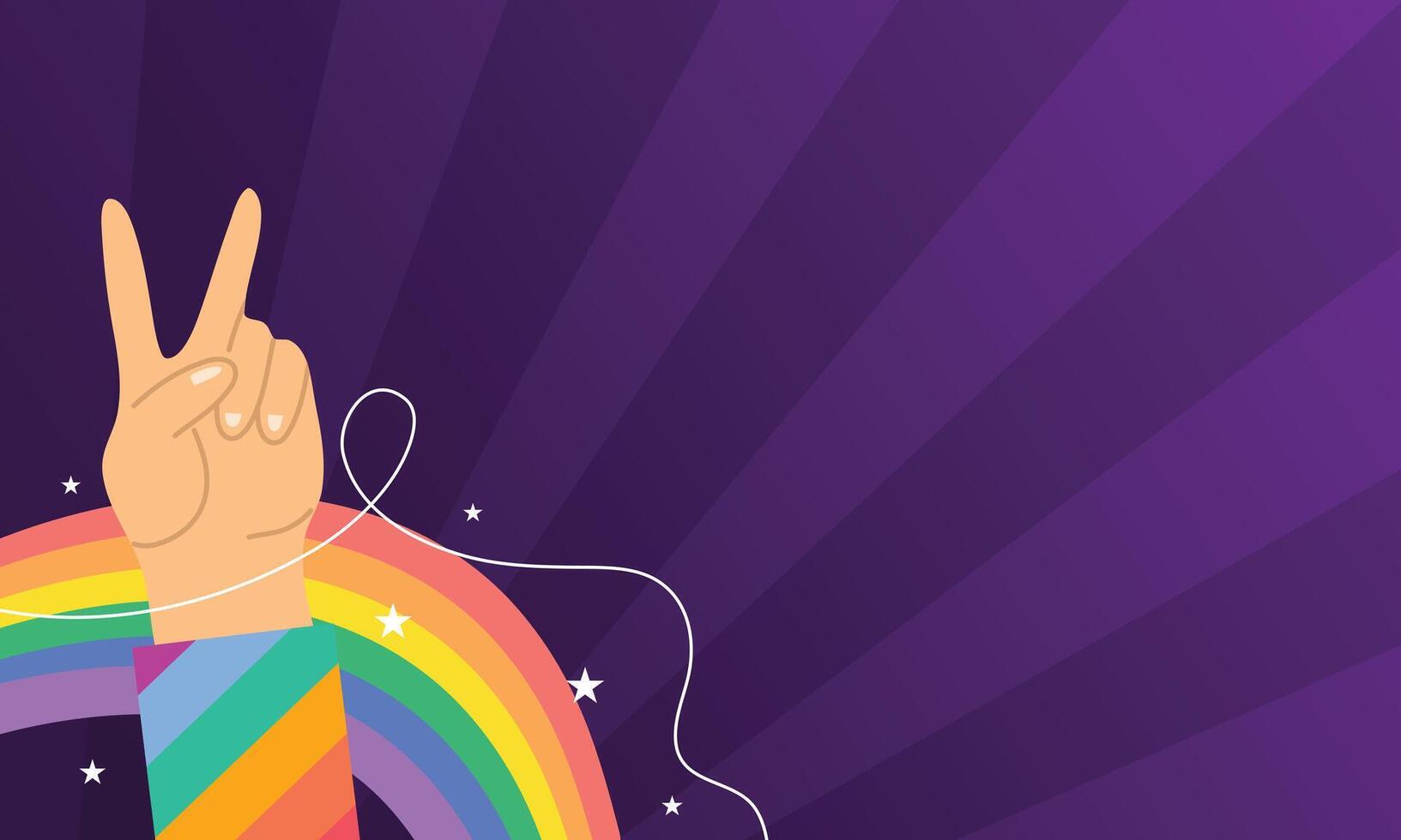 Victory hand gesture over rainbow wave with dark rays vector
