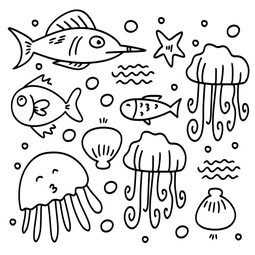 Hand Drawn Sea Creatures Doodle Set vector