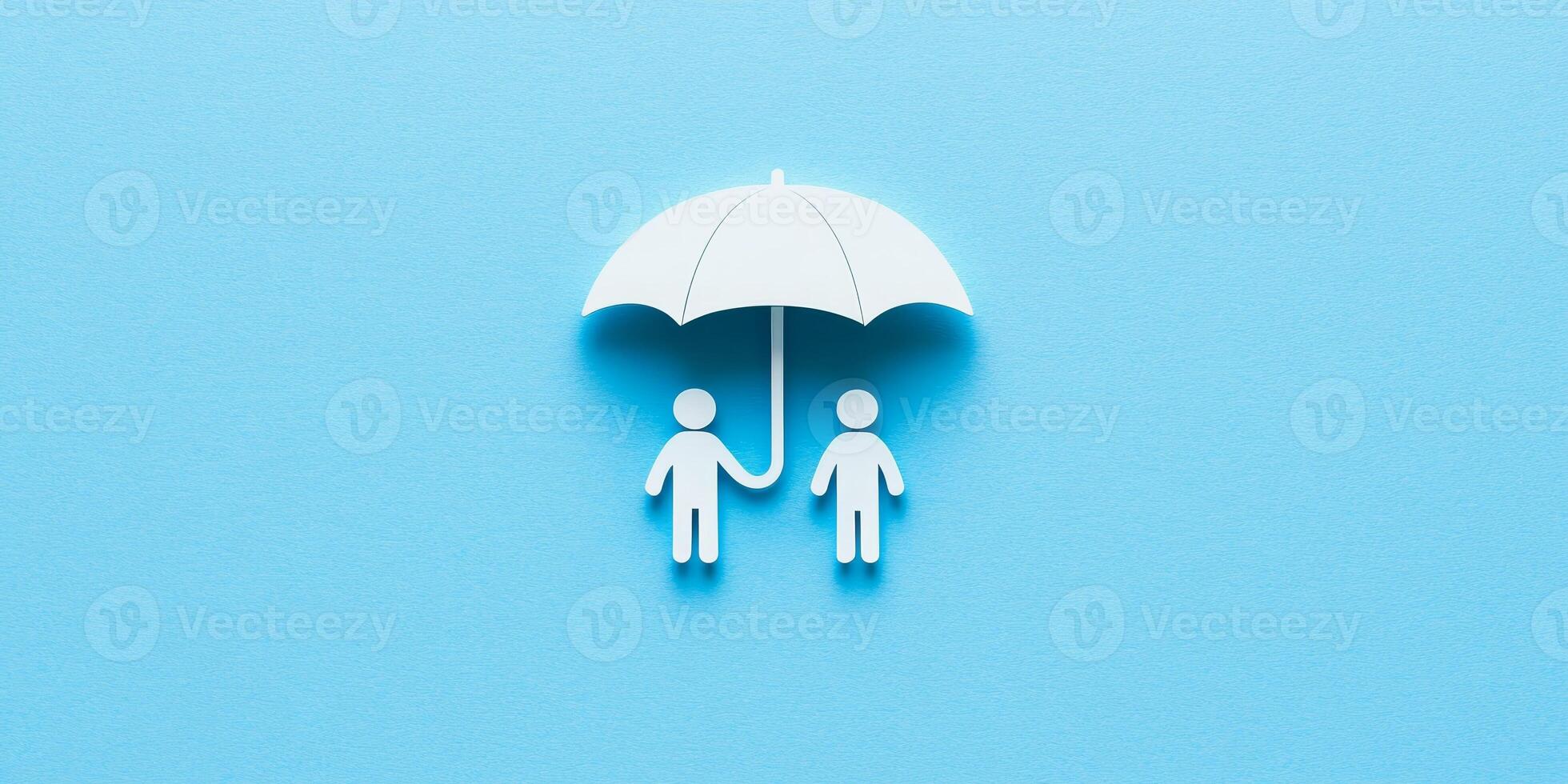 Cute flat style icon of family under protective umbrella on blue background photo