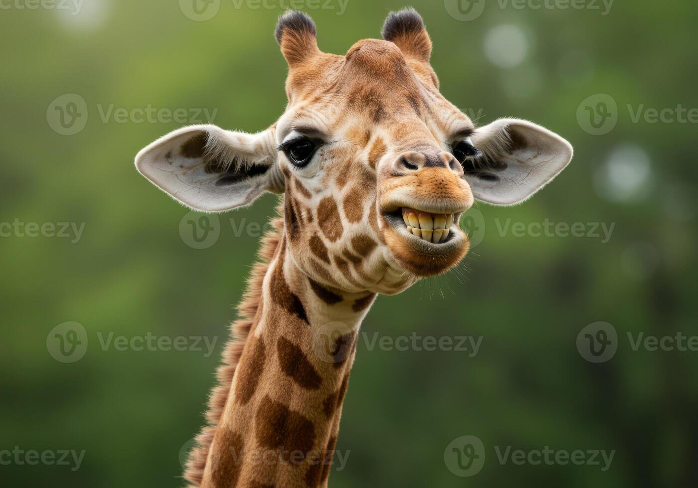 Giraffe Smiling Showing Teeth Close Up Portrait Against Green Background photo