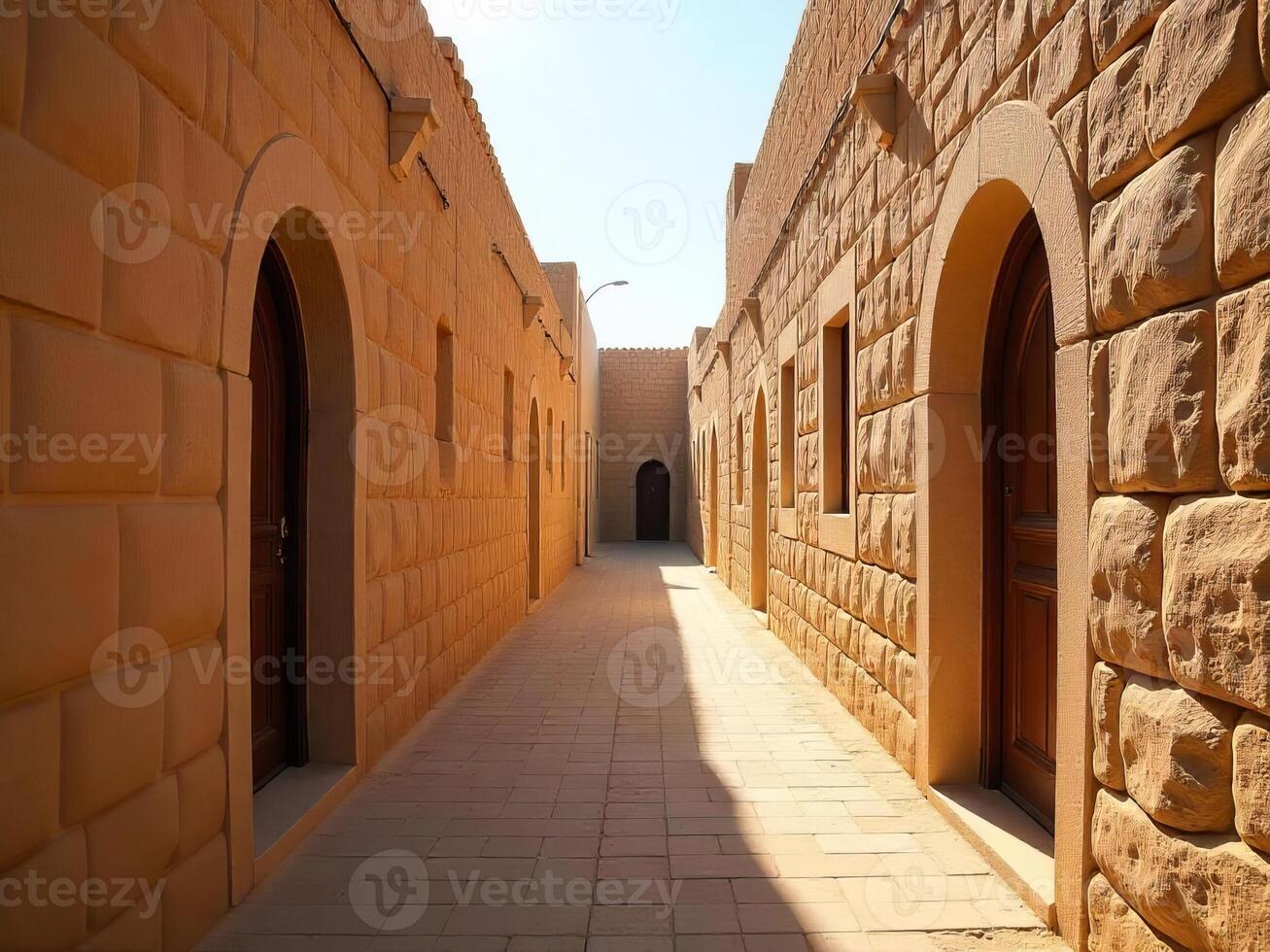 Walking Through Historical Alleyway with Stone Buildings and Warm Sunlight photo
