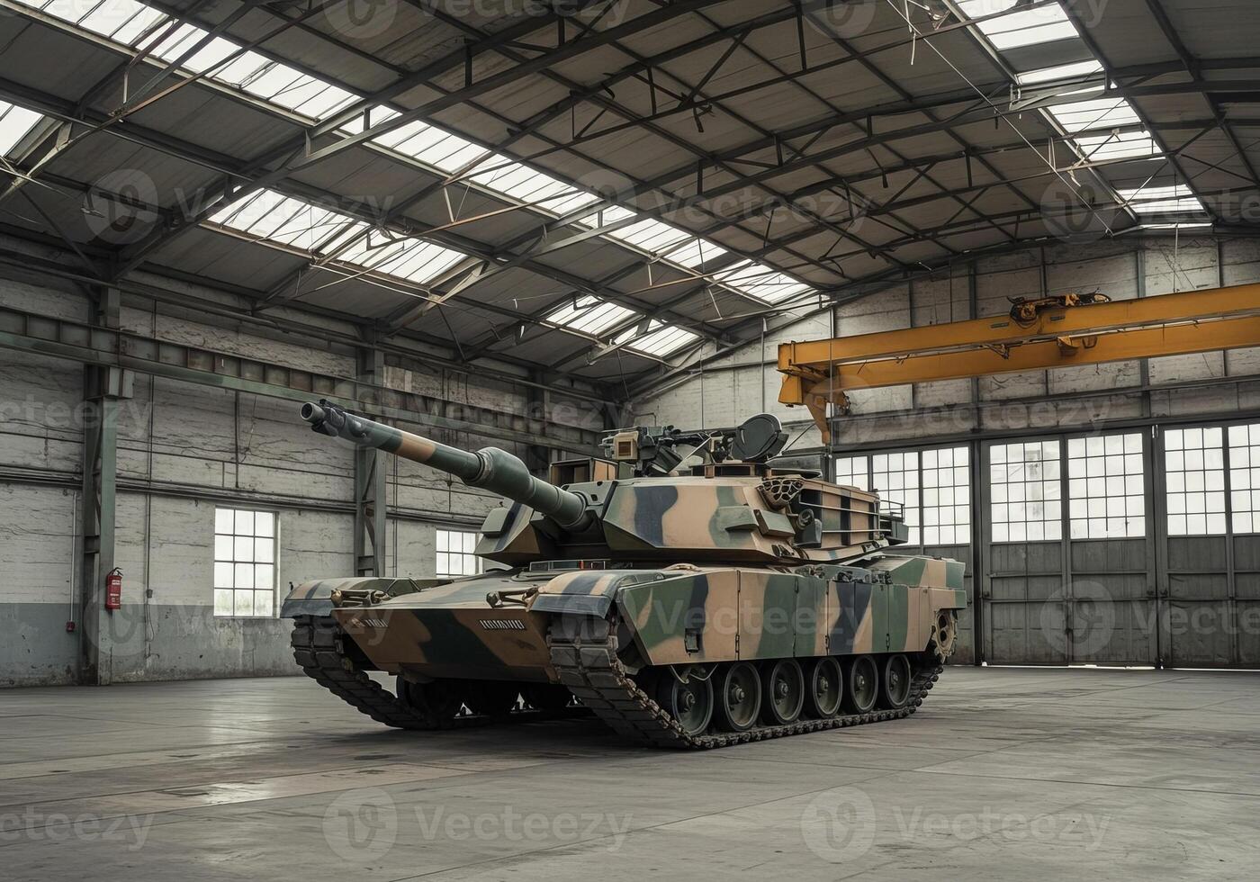 Tank in Hangar Awaiting Deployment and Showing Camouflage Design photo