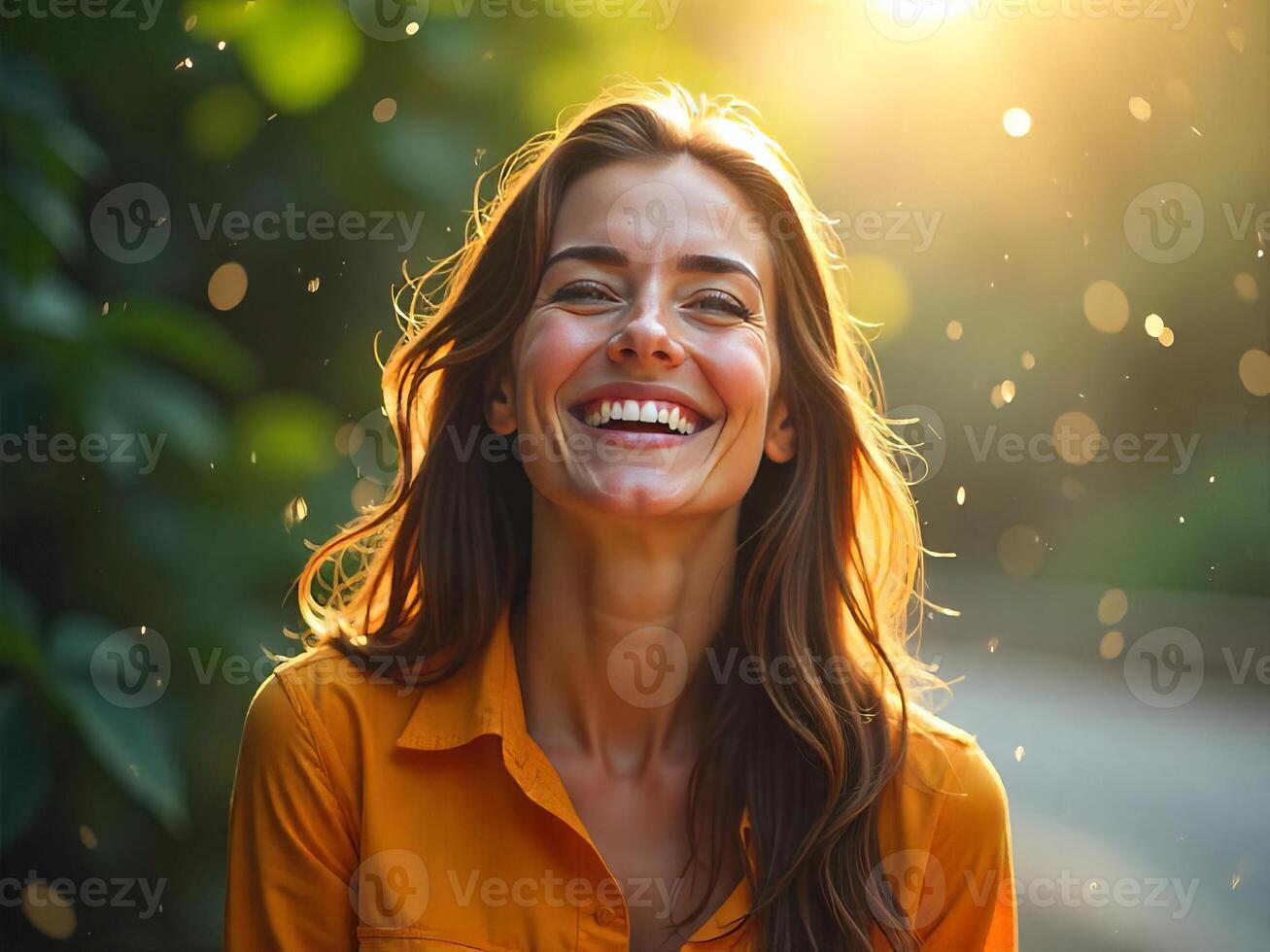 Happy Woman Laughing Outdoors in Warm Sunlight with Bokeh Effect photo