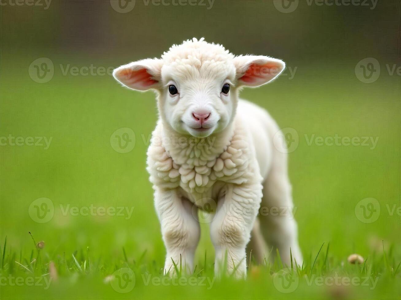 Cute Lamb Standing in Green Grass Looking at the Camera photo