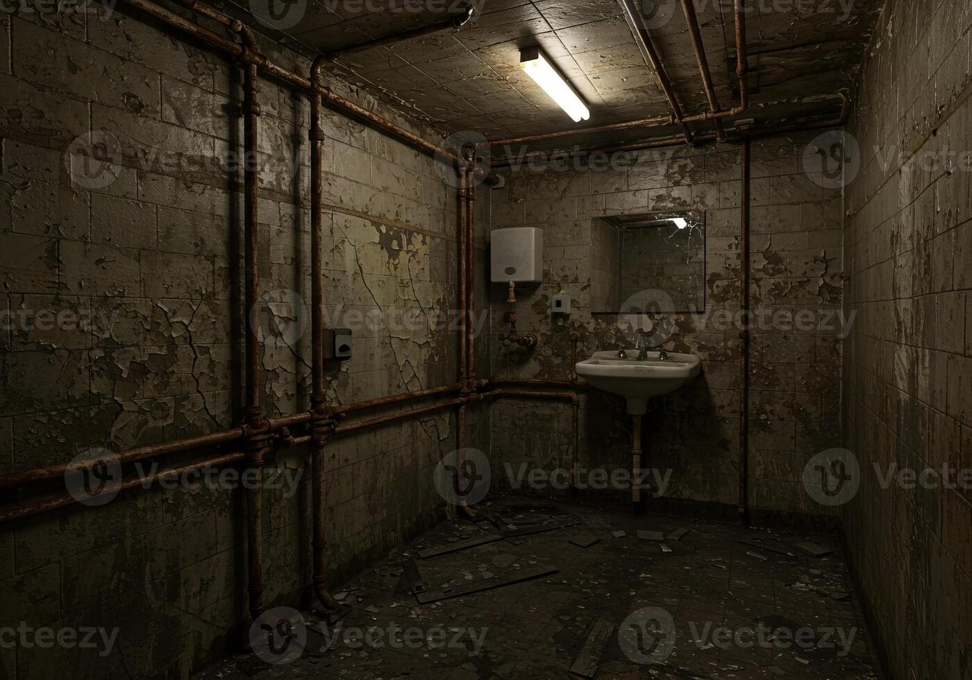 Exploring a Dark Abandoned Bathroom with Peeling Paint and Exposed Piping photo