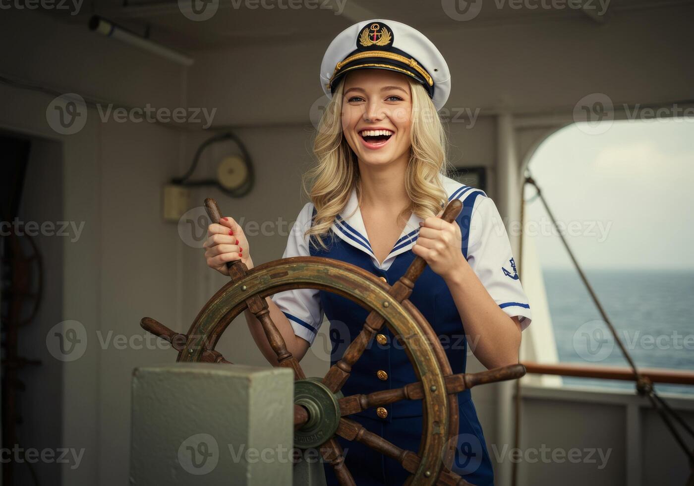 Happy Woman Steering Ship Wheel Wearing Captain Hat on Ocean Cruise photo