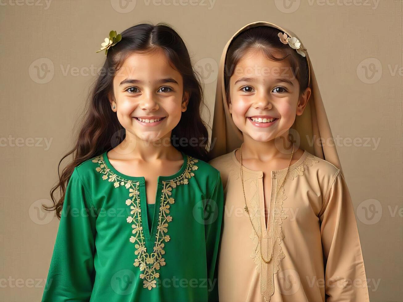 Two Smiling Young Girls in Traditional Middle Eastern Clothing Portrait photo