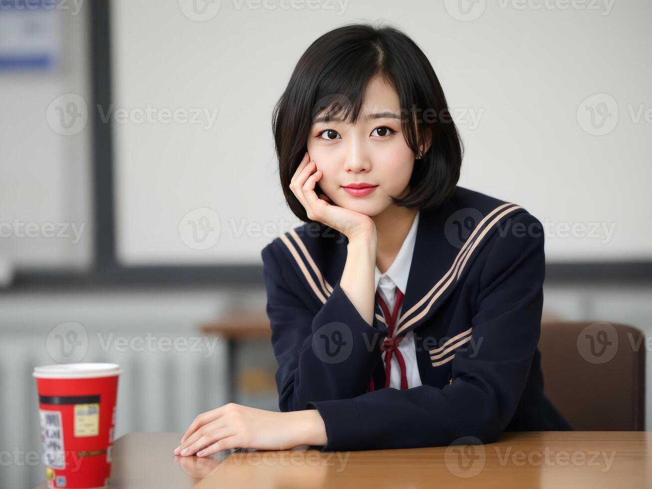 Young Asian Student Posing in Uniform in Classroom with Food Cup photo