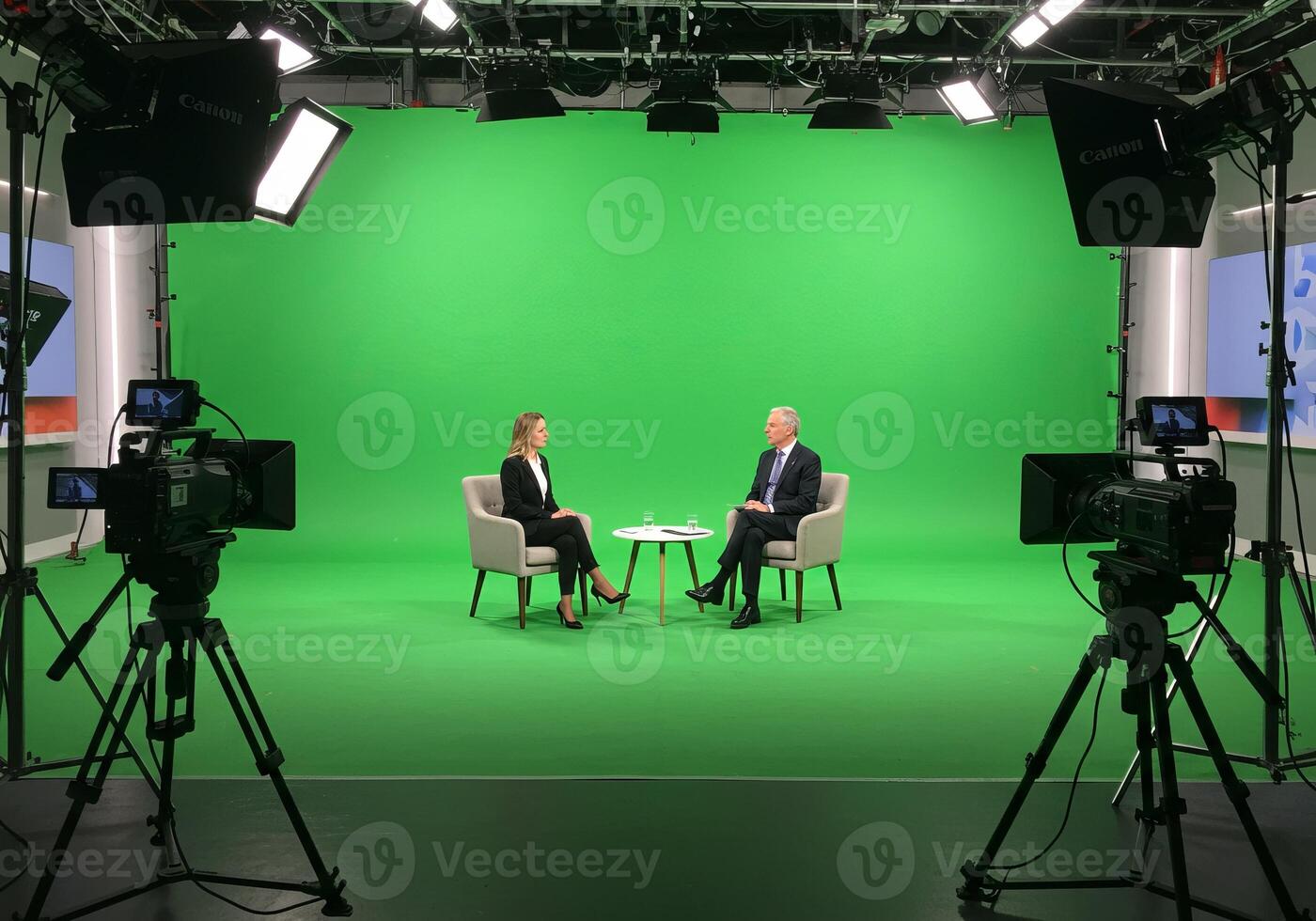Filming Talk Show Interview with Green Screen and Professional Cameras photo