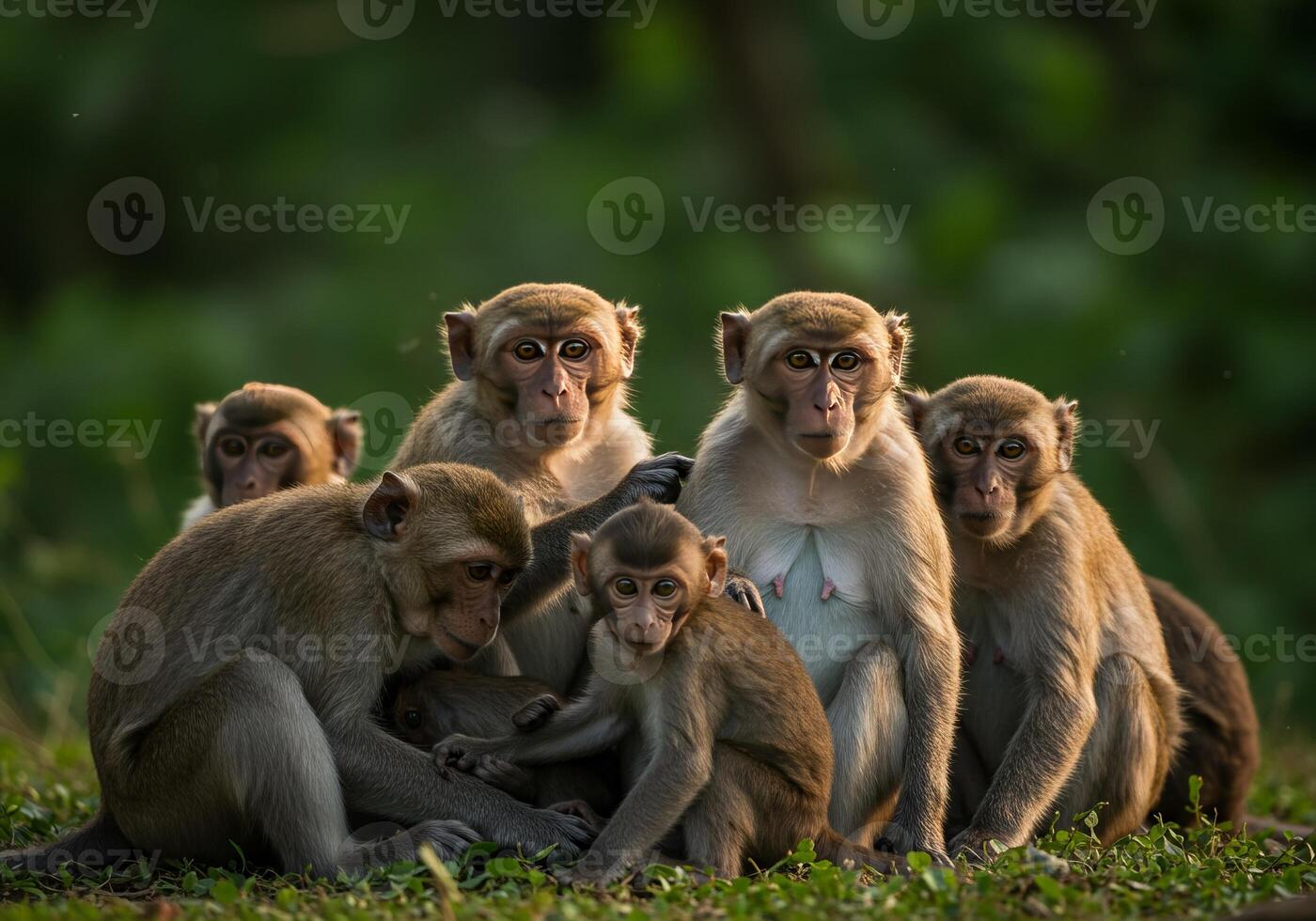 Monkey Family Portrait in Natural Habitat Watching Camera in Greenery photo