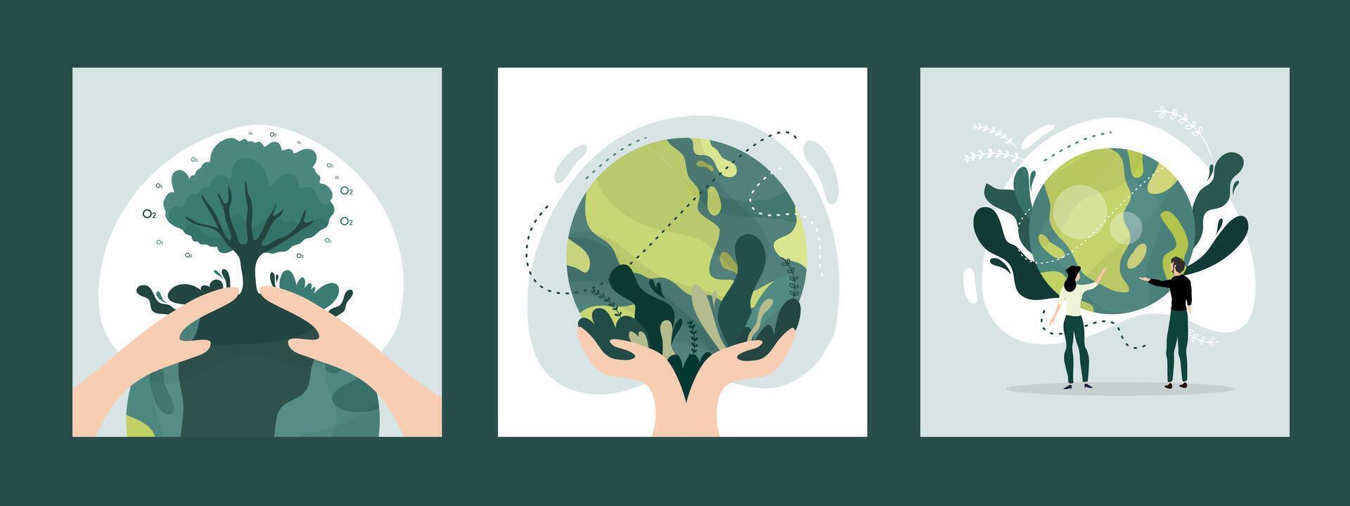 Earth Day Hands Holding Green Planet Panels vector