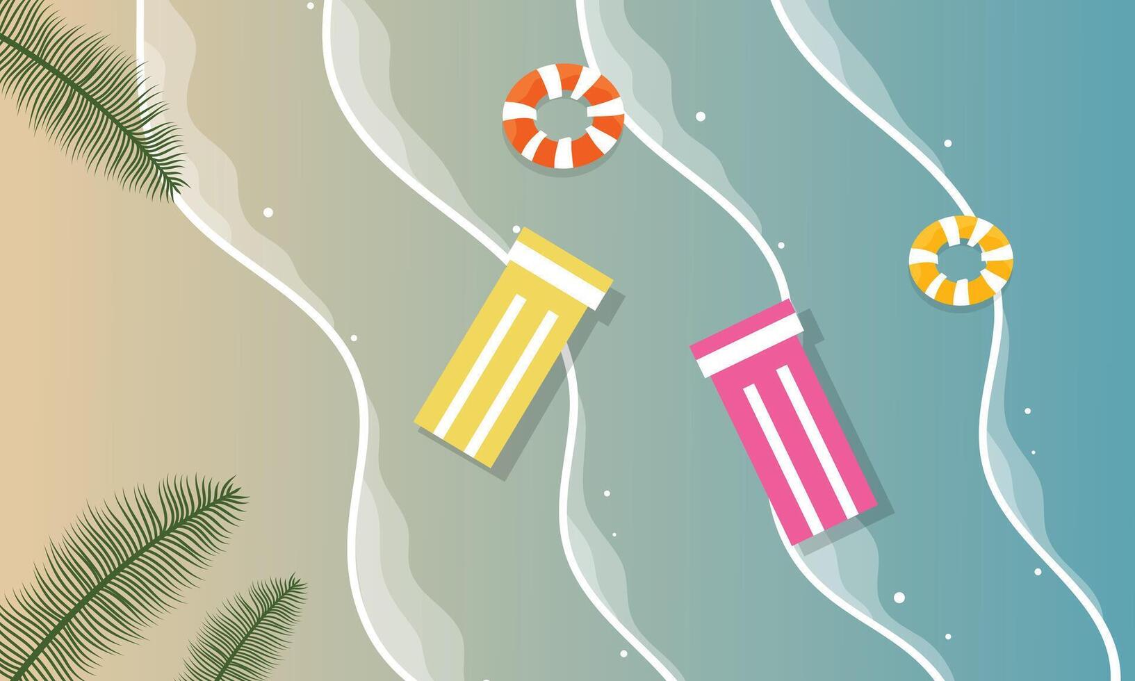 Beach sand and sea water with a life preserver and a surfboard vector