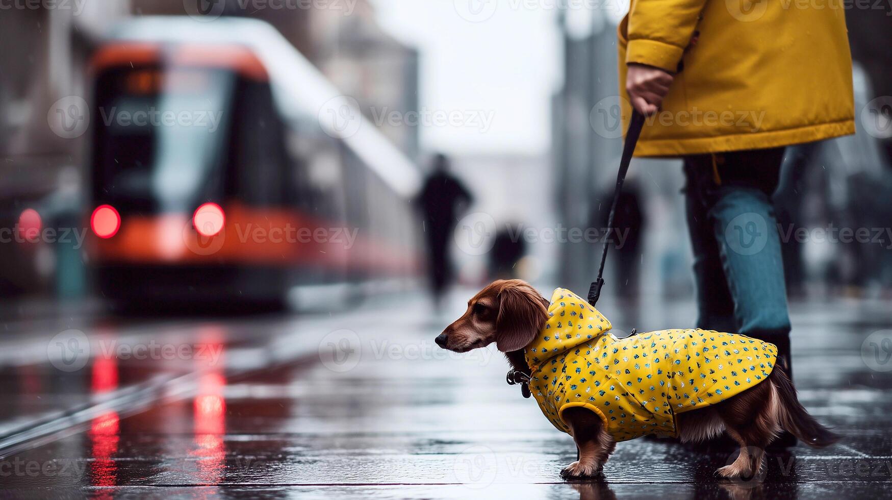 Dachshund in cute yellow raincoat walks on wet city street with owner on a rainy day, showcasing stylish and functional pet clothing for all-weather conditions. photo