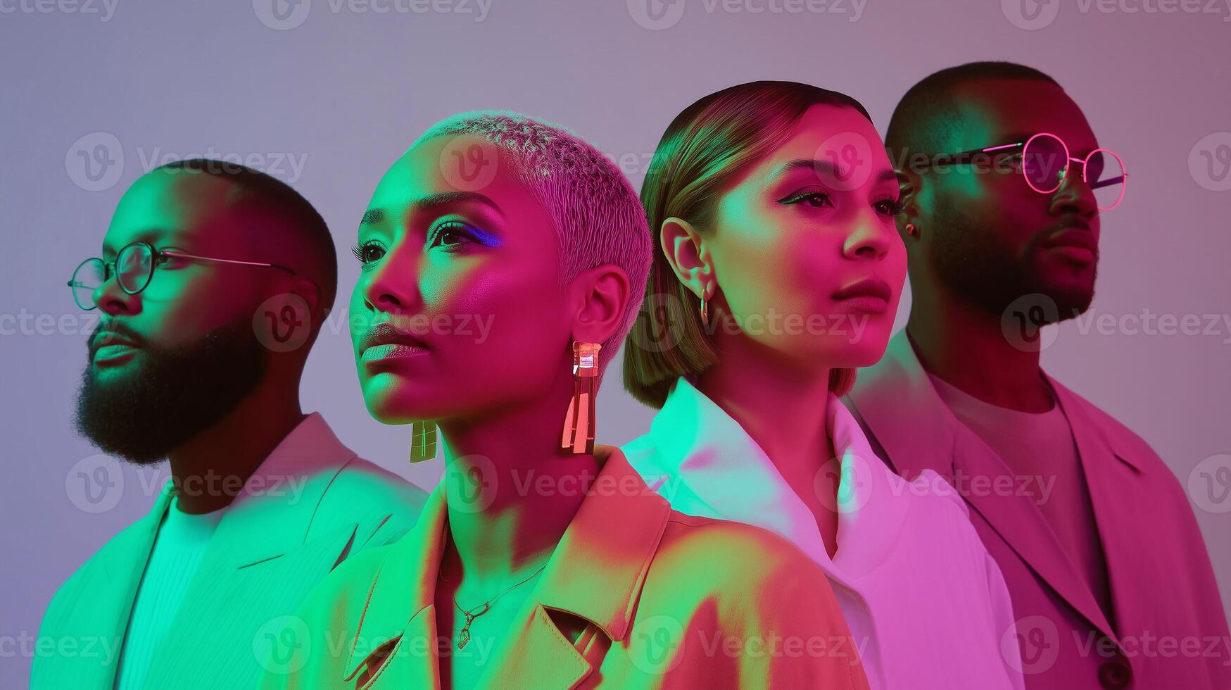 Diverse group of stylish individuals under aura-inspired lighting, showcasing confidence, identity, and futuristic visual aesthetics with bold color contrasts. photo