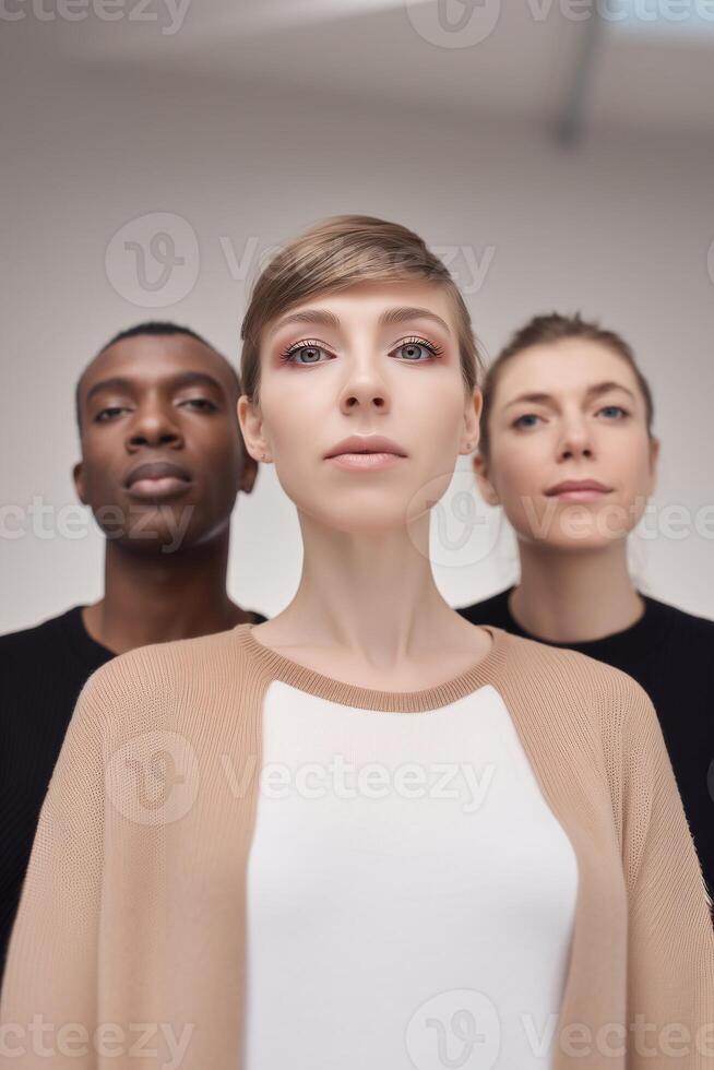 Confident diverse individuals standing together, symbolizing unity, empowerment, leadership, and inclusivity in a modern world. Bold and progressive portrait with serious expressions. photo