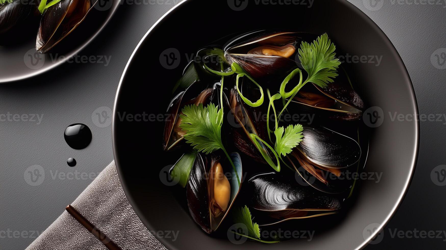 Closeup of freshly cooked mussels in an Asian-style presentation with herbs in a matte black bowl on a dark background. Sophisticated and flavorful seafood dish. . photo