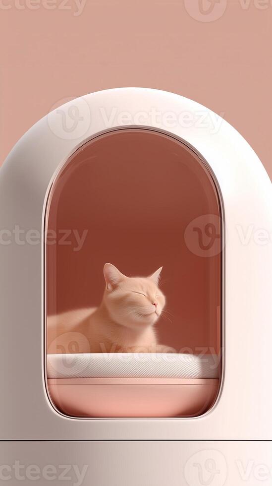 Content orange cat relaxing in modern smart pet pod with soft cushion inside a stylish capsule-shaped pet house. Minimal cozy design for luxury cat furniture and hotel use. . photo