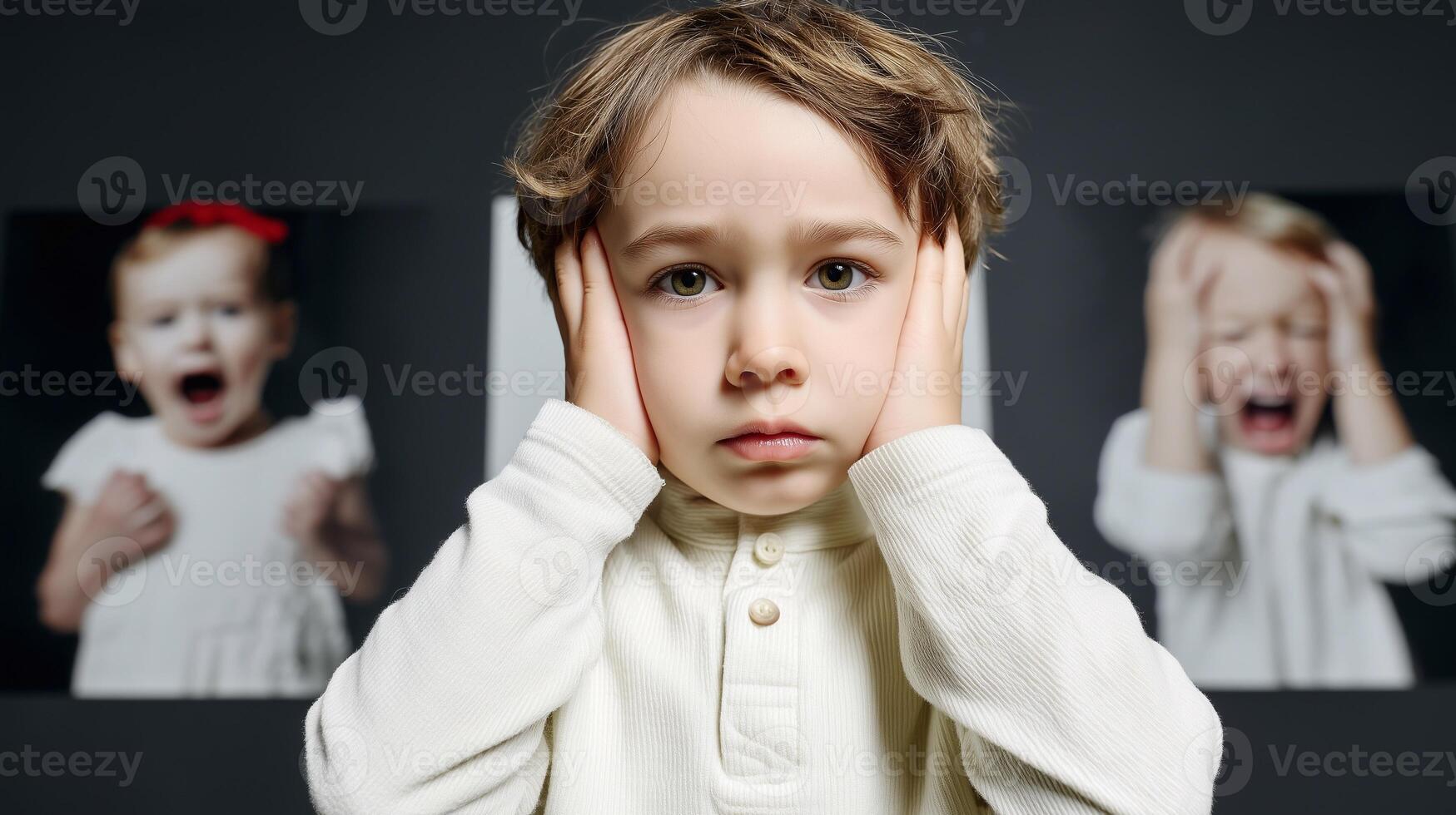 An emotional toddler holding their head in distress, surrounded by expressions of frustration and fear. A visual metaphor for childhood stress, parenting challenges, and emotional overload. photo
