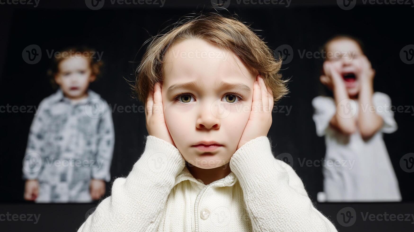 Worried toddler covers ears, overwhelmed by emotional noise and stress. Childhood crisis, fear, and confusion depicted in a powerful visual metaphor of parenting challenges. photo