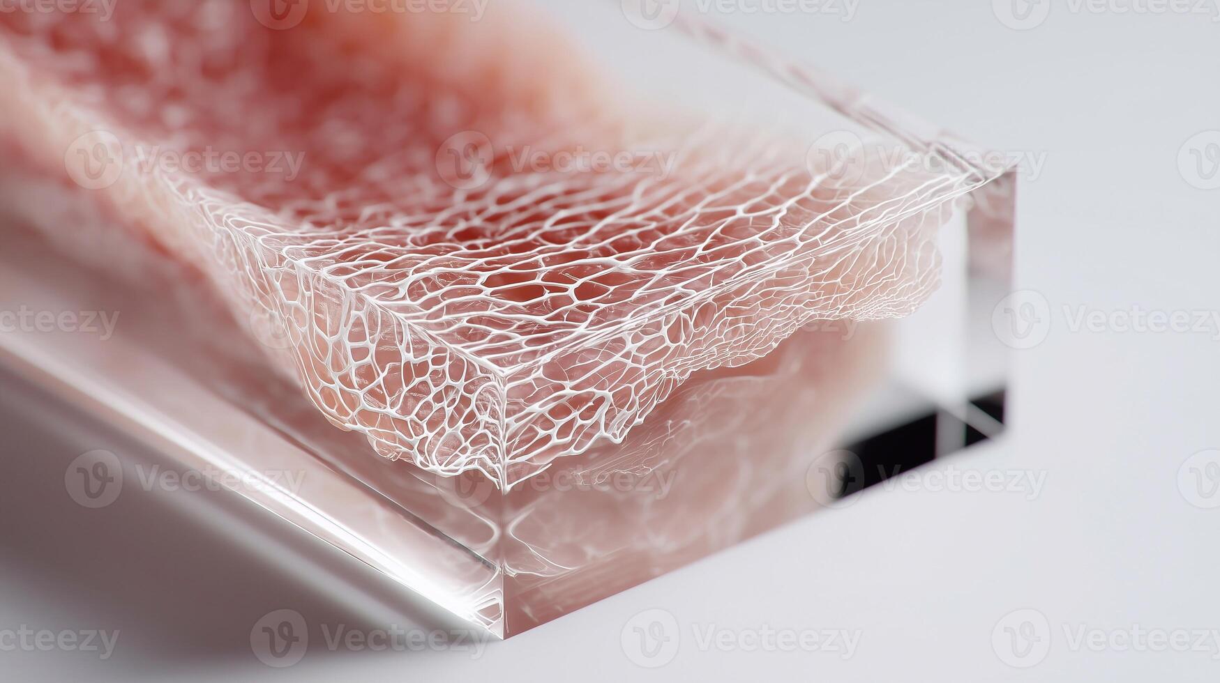 Detailed close-up of synthetic artificial skin layers, showcasing engineered tissue structure for transplantation, wound healing, and advanced medical applications. photo