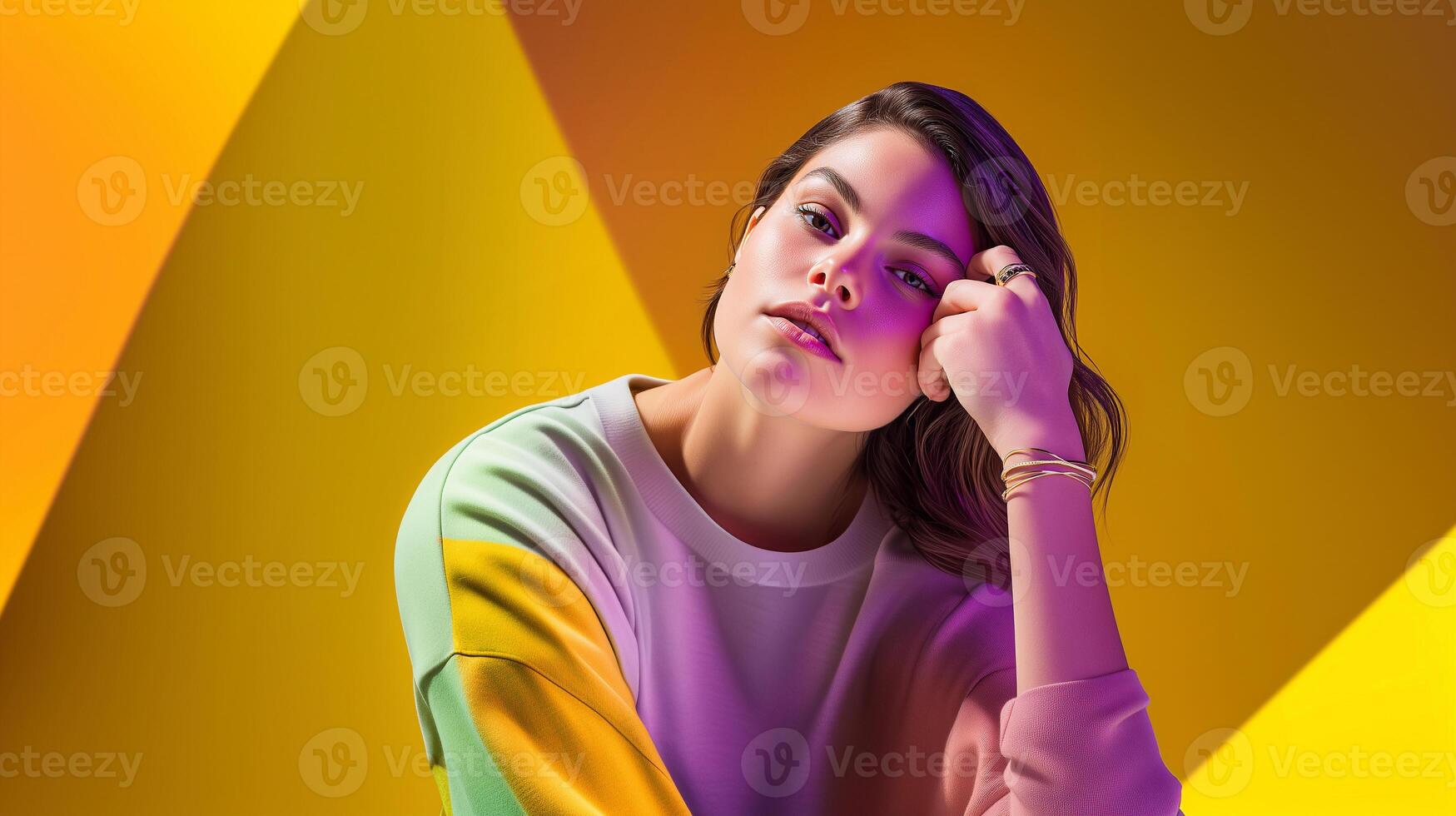 Stylish young woman with relaxed pose and soft lighting, set against a vibrant geometric yellow and orange background, modern and artistic fashion portrait. photo