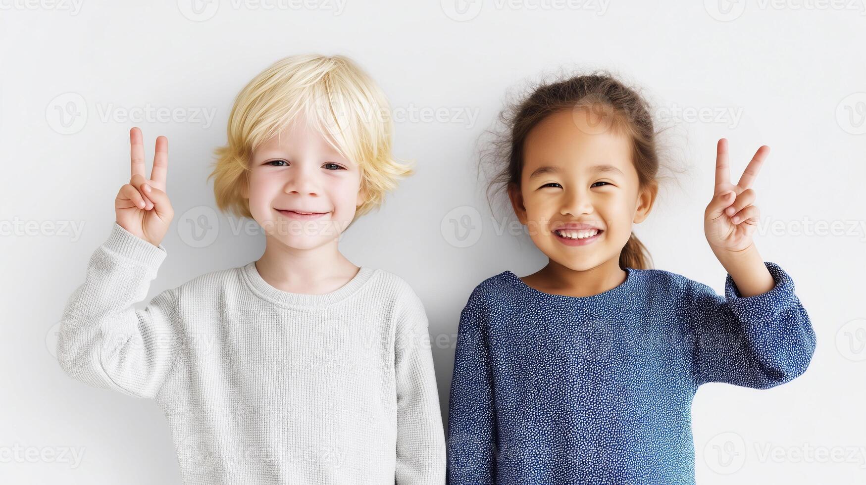 Two smiling children showing peace signs, symbolizing unity, joy, and a hopeful future of global harmony and friendship across cultures. Bright, cheerful, and heartwarming image. photo