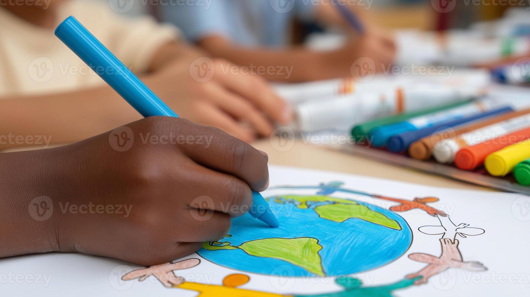 A child draws a colorful Earth with people holding hands, celebrating peace, unity, and environmental awareness for Earth Day through creativity and education. photo
