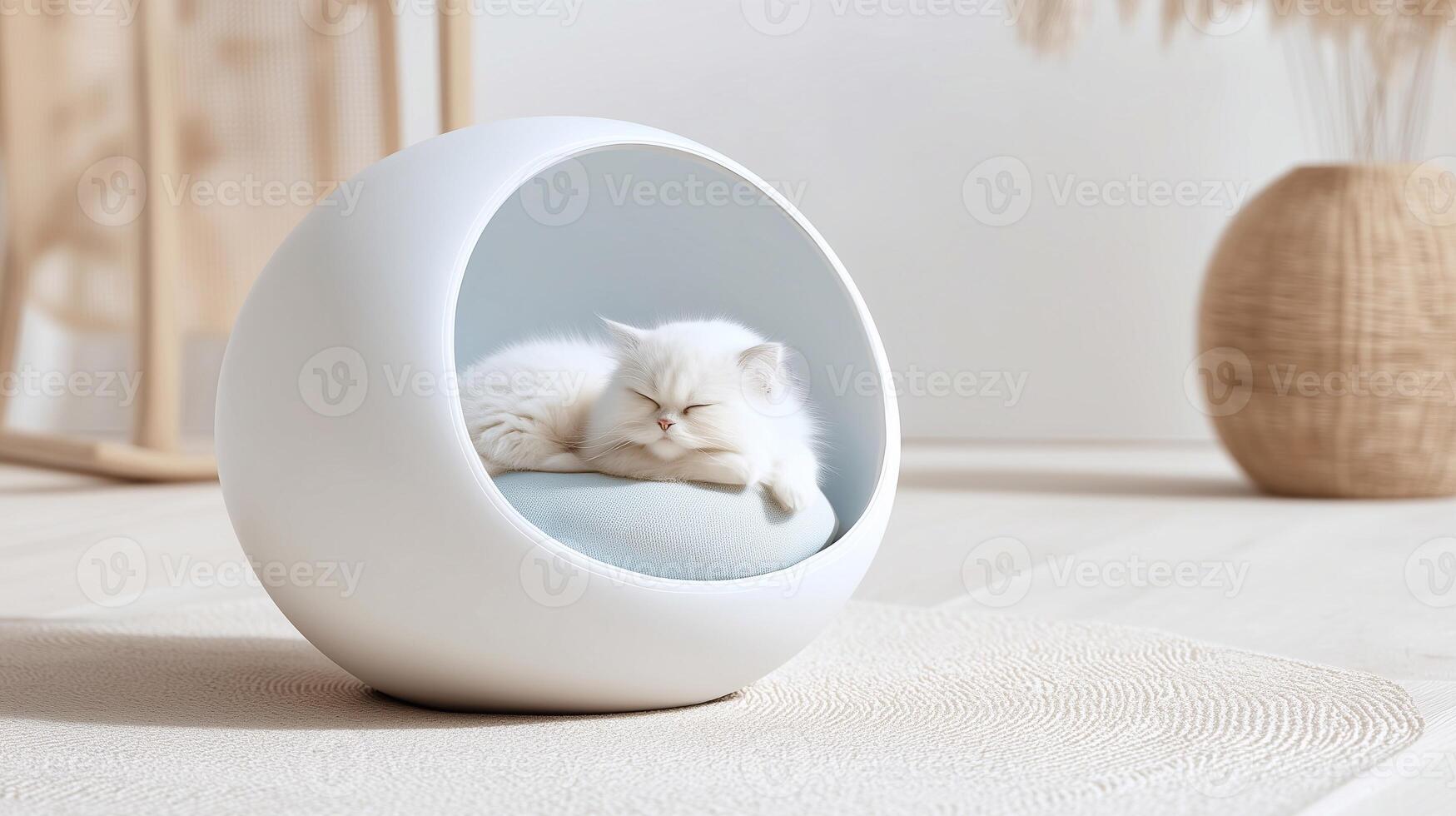White fluffy cat sleeping in modern round pet bed, minimalist soft interior with natural textures, cozy home design, peaceful atmosphere, stylish decor, Scandinavian style. photo