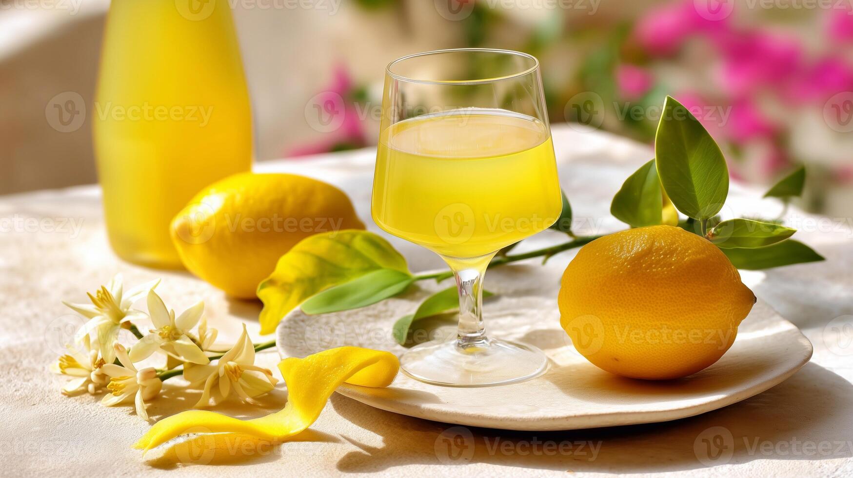 Glass of limoncello with fresh lemons, lemon flowers, and zest on a sunlit table, evoking Mediterranean summer, citrus aroma, and elegant refreshment. photo