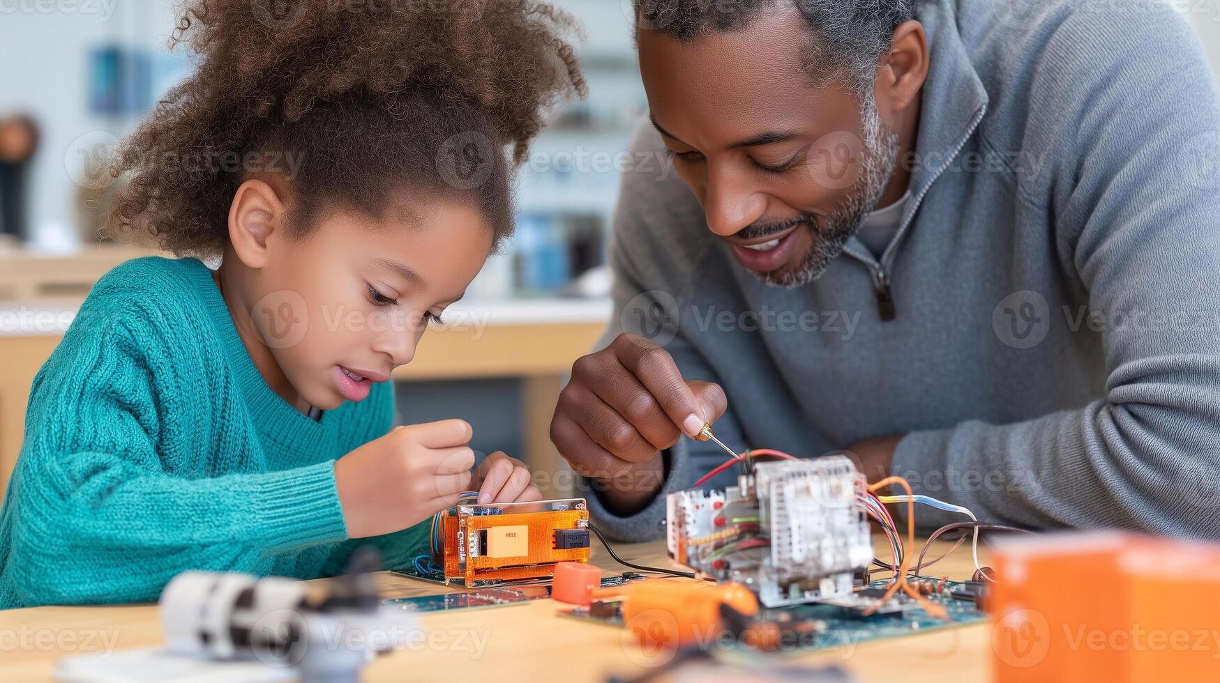 Father and child working together on a robotics project, showcasing STEM education, creativity, and bonding through technology and learning in a modern setting. photo