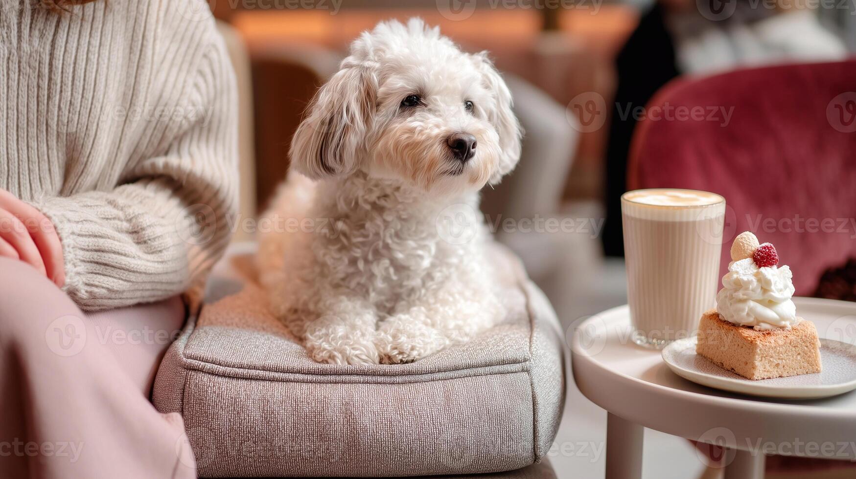 Cozy pet-friendly cafe scene with a fluffy white dog resting beside a woman, next to a table with a latte and dessert, in a warm, stylish interior. photo