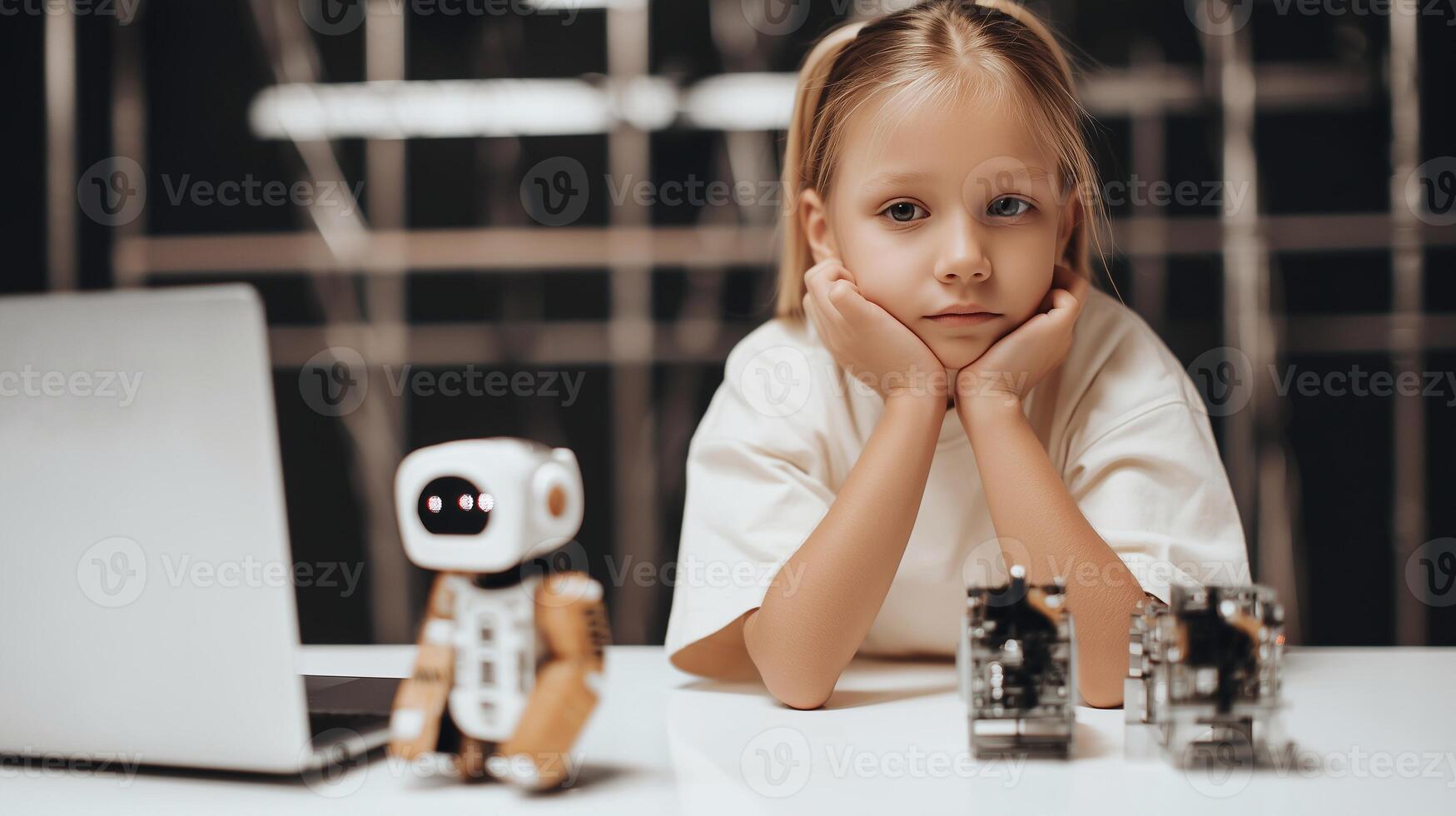 Young girl learning robotics at a modern tech lab, surrounded by robots and electronic components, representing the future of STEM education and digital innovation. photo