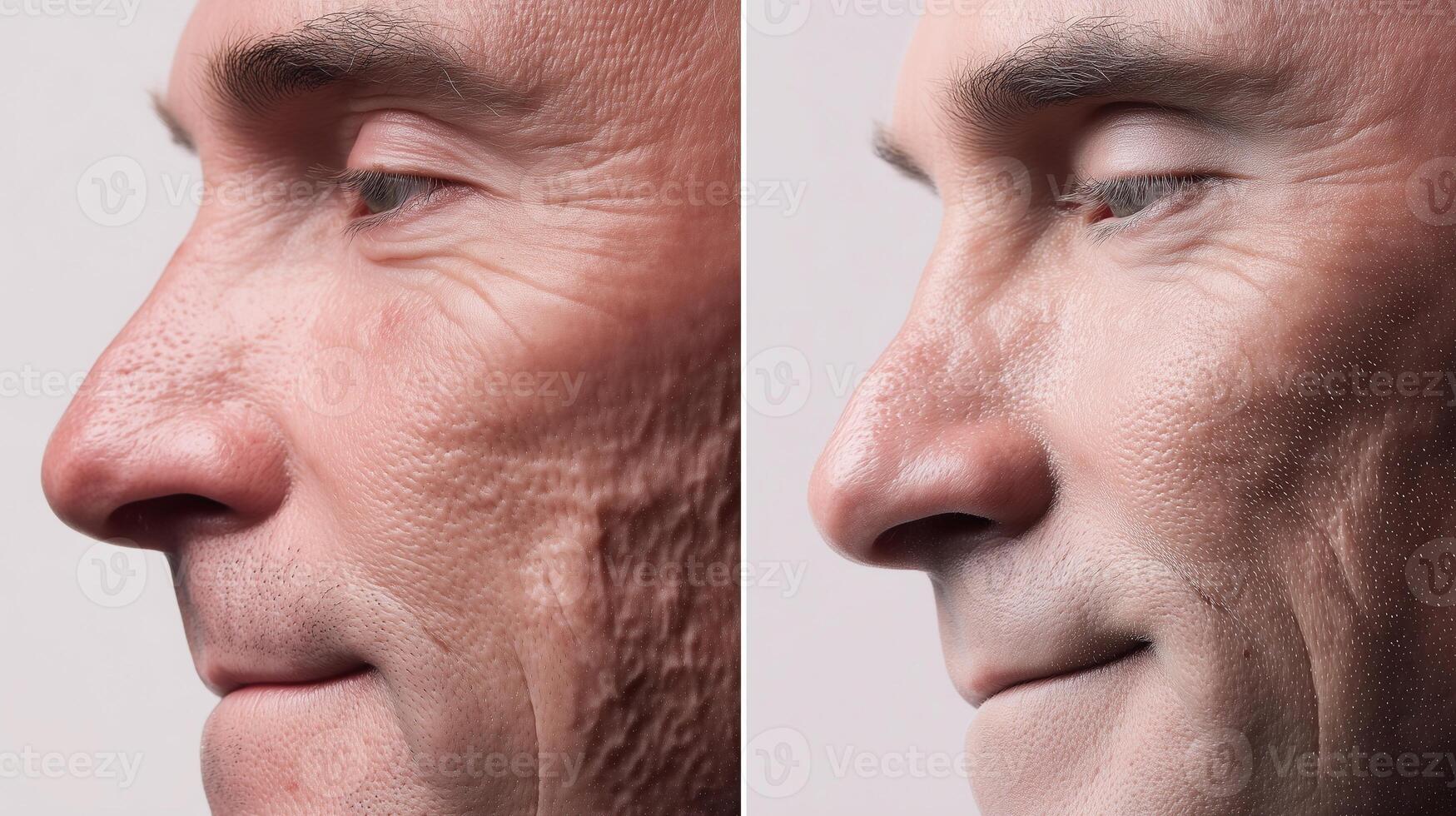 Side-by-side comparison showing before and after artificial skin graft treatment for facial scar and aging repair using regenerative biomedicine technology. photo