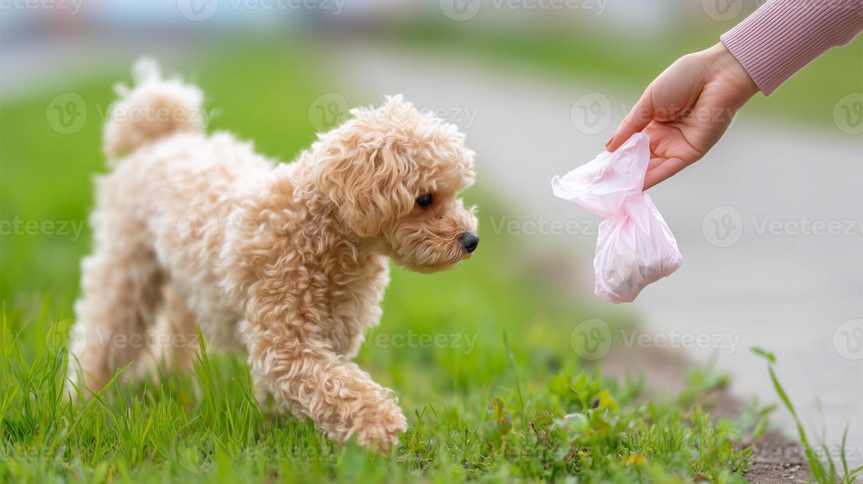 Responsible dog owner picking up pet waste in public park with biodegradable bag. Concept of cleanliness, hygiene and pet etiquette outdoors. photo
