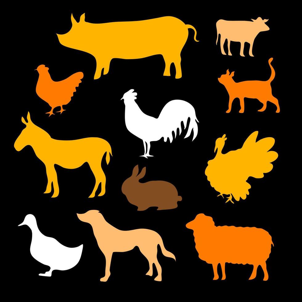 Farm Animals Silhouette Collection in Colored Style vector