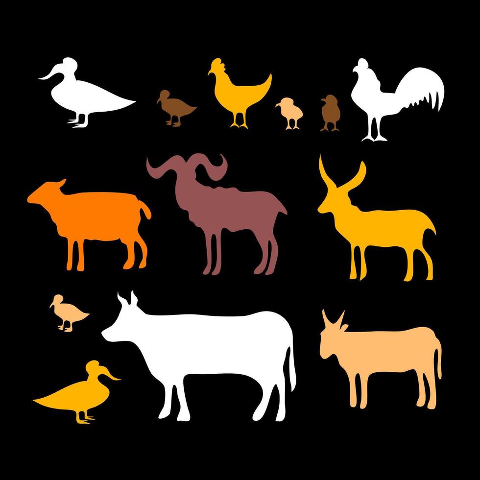 Colorful Farm Animal Silhouettes with Black Background vector