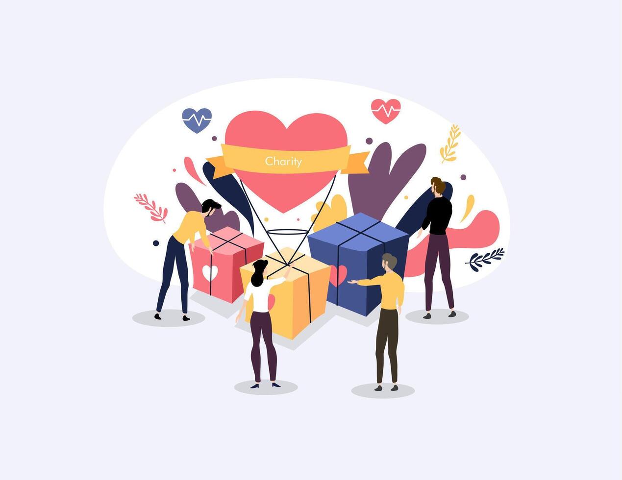 Group Lifting Charity Box with Heart Together as Team vector