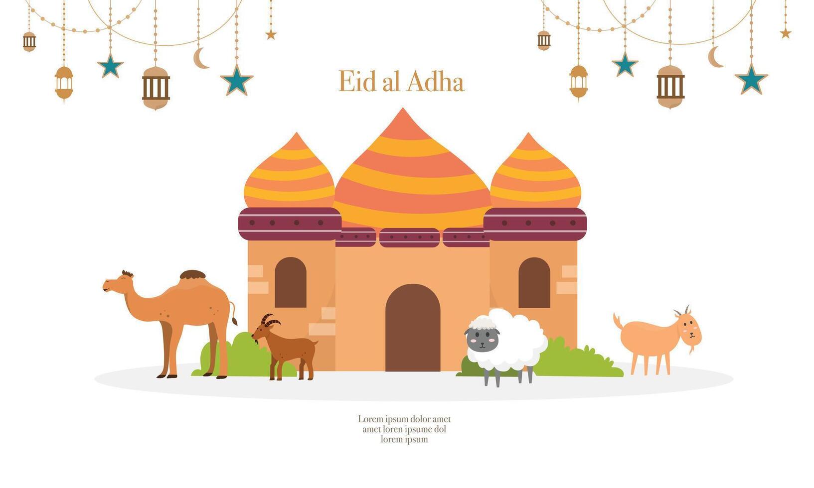 Eid al Adha Animal Scene with Mosque Background vector